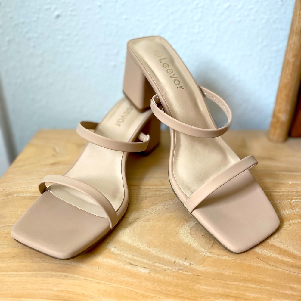 Nude Square Toe Heeled Sandals